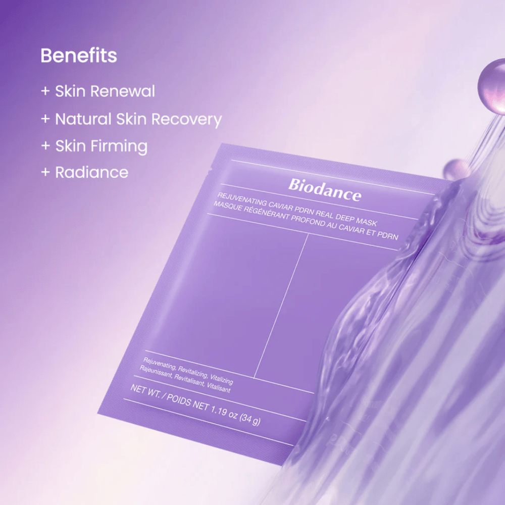 Biodance Rejuvenating Caviar PDRN Real Deep Mask på model med naturlig glød og synlig glans efter brug