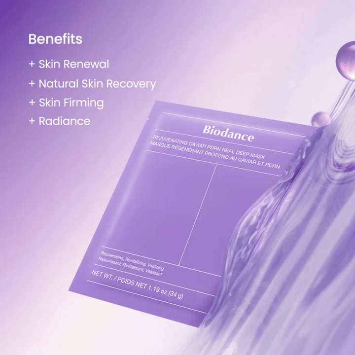 Biodance Rejuvenating Caviar PDRN Real Deep Mask på model med naturlig glød og synlig glans efter brug