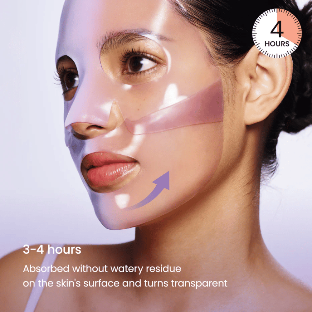 Biodance Rejuvenating Caviar PDRN Real Deep Mask påført ansigtet – gelmaske der absorberes og bliver gennemsigtig efter 3–4 timer