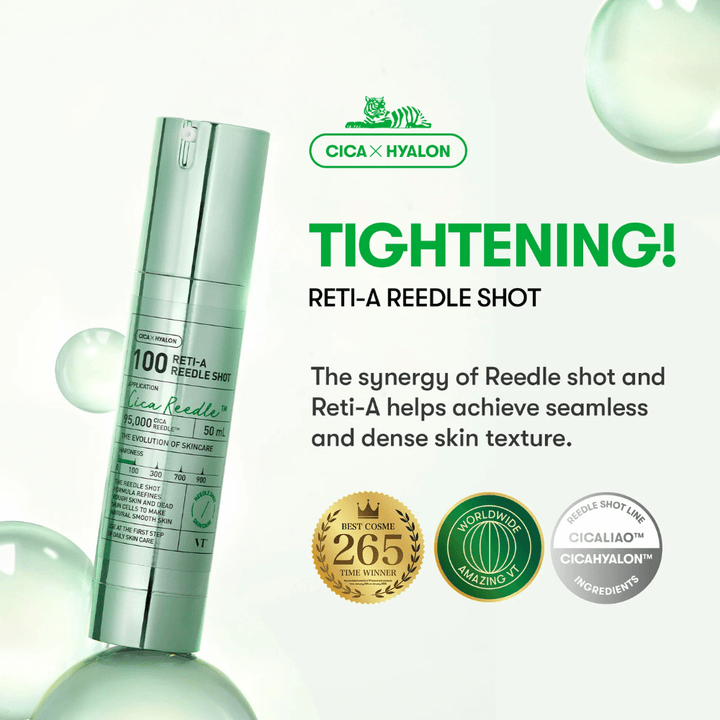 Produktbillede af VT Reti-A Reedle Shot 100 med fokus på opstrammende effekt, Cica og Hyalon som giver jævnere, tættere og mere elastisk hud.