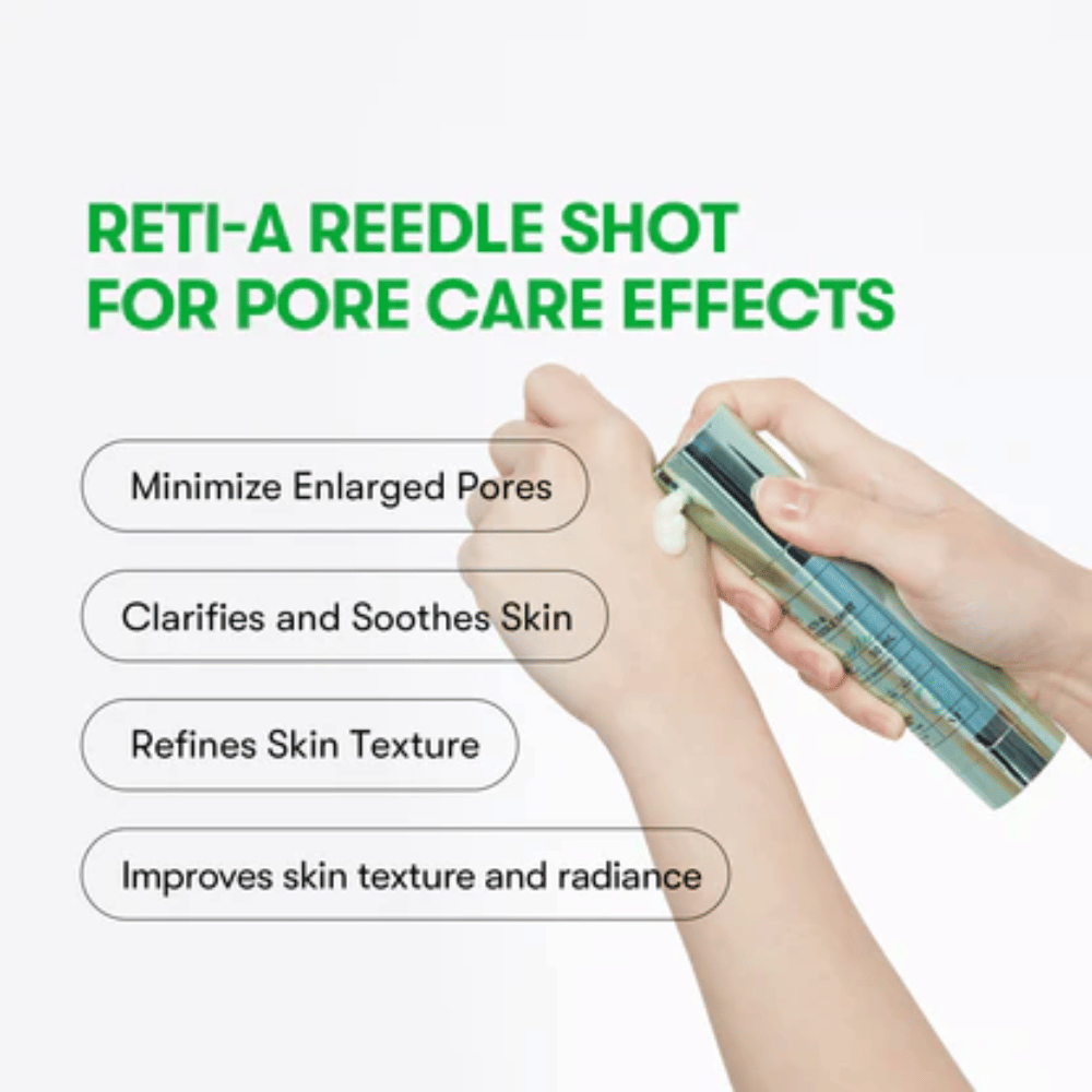 VT Reti-A Reedle Shot påført på hånden, viser serumets tekstur og dets effekt for at minimere porer, berolige huden og forbedre hudens glød.