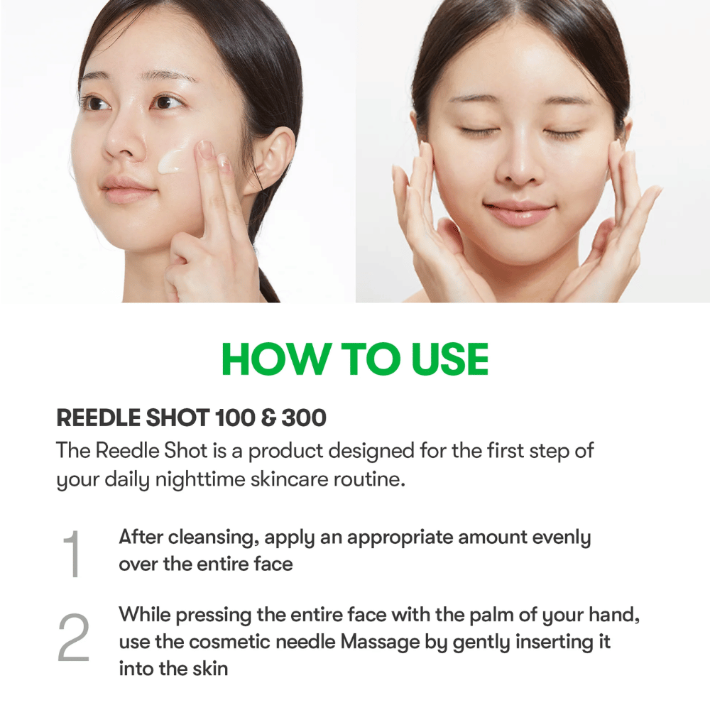 Instruktionsbillede der viser, hvordan VT Reti-A Reedle Shot påføres i ansigtet, første trin i aftenrutinen for forbedret hudstruktur og effektiv absorption.