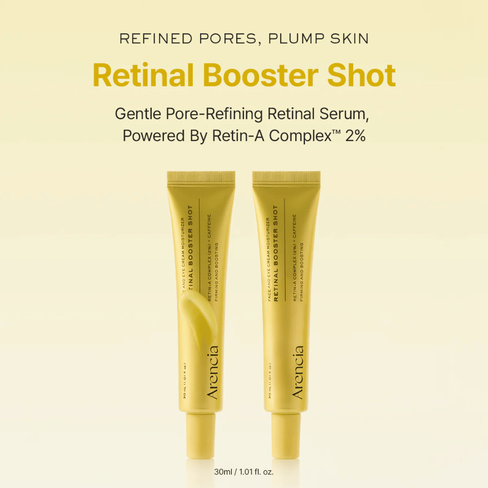 Produktpræsentation af Arencia Retinal Booster Shot 2 %, mild retinalserum til forfinede porer, fyldigere hud og jævnere hudstruktur.
