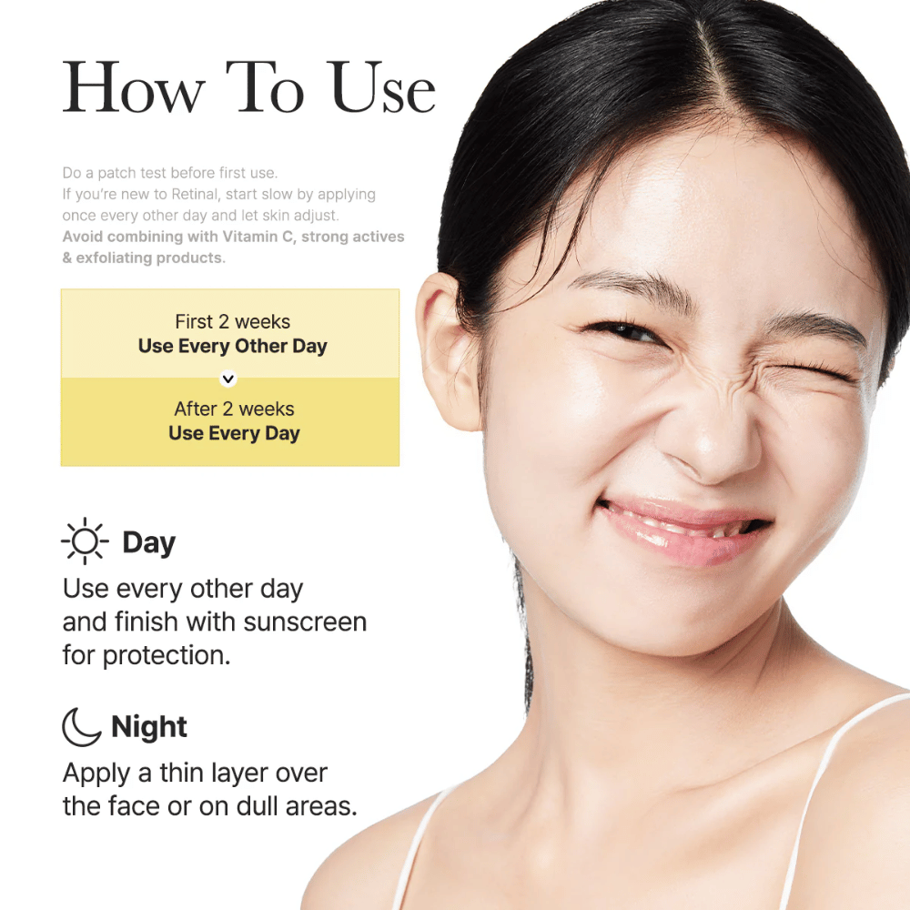 Instruktionsbillede for Arencia Retinal Booster Shot med anbefalet brug hver anden dag de første to uger og derefter dagligt, dag- og nat-rutine for retinal.