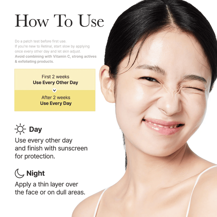 Instruktionsbillede for Arencia Retinal Booster Shot med anbefalet brug hver anden dag de første to uger og derefter dagligt, dag- og nat-rutine for retinal.