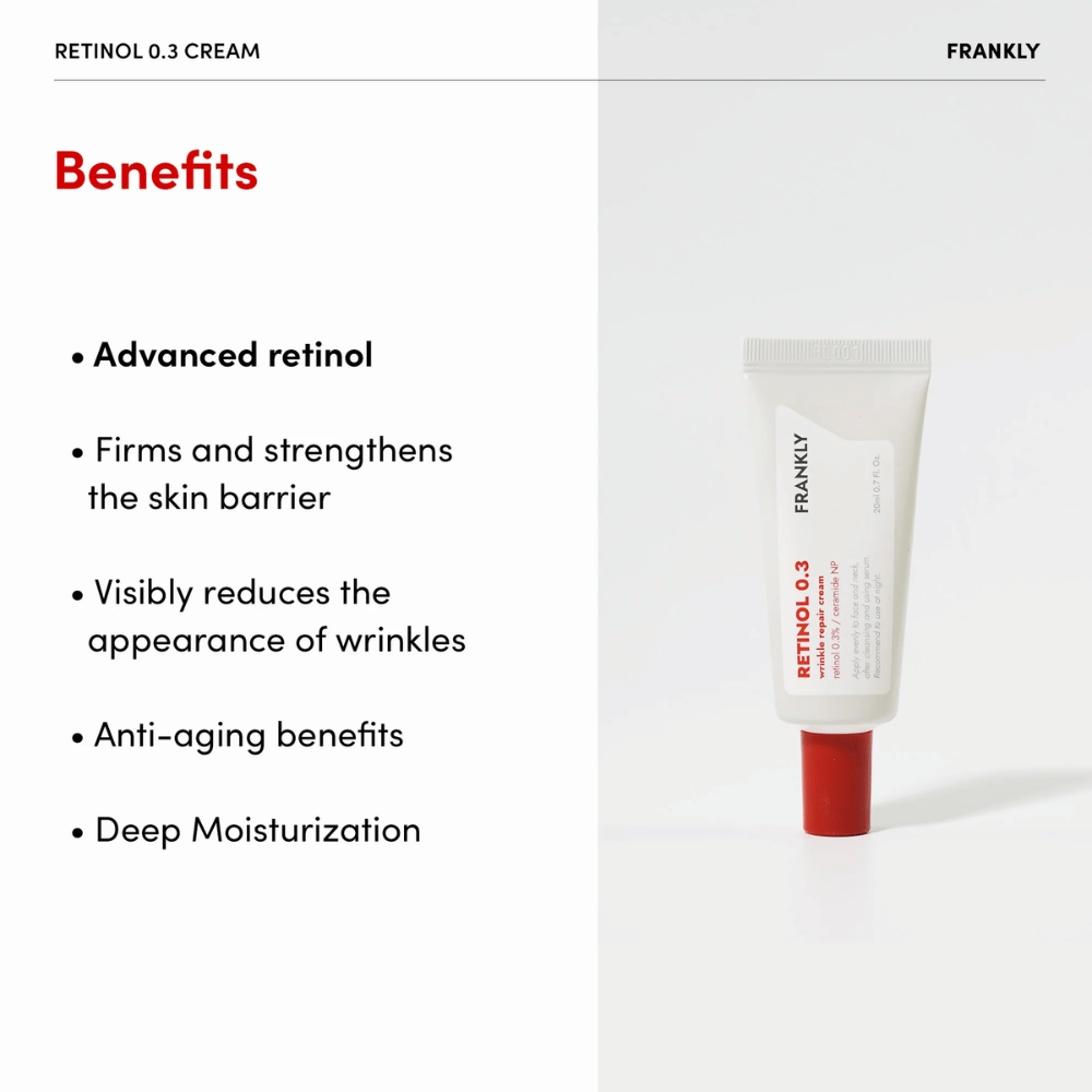 Produktbillede af FRANKLY Retinol 0.3 Cream med listede Fordele: avanceret retinol, styrker hudbarrieren og fugter i dybden.