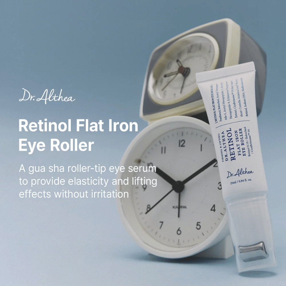 Dr. Althea Retinol Flat Iron Eye Roller Øjenserum med løftende effekt som styrker hudens elasticitet og giver et mere frisk udseende.