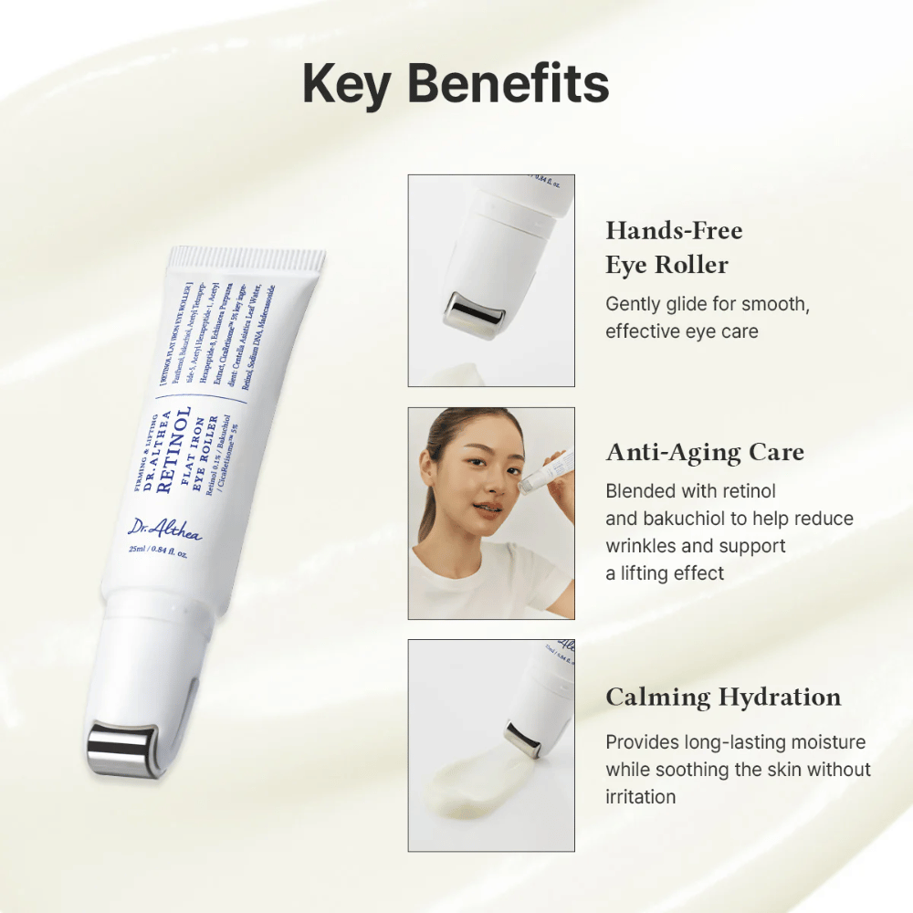 Dr. Althea Retinol Flat Iron Eye Roller med metalrulle for kølende effekt, anti-age egenskaber og langvarig fugt uden irritation.
