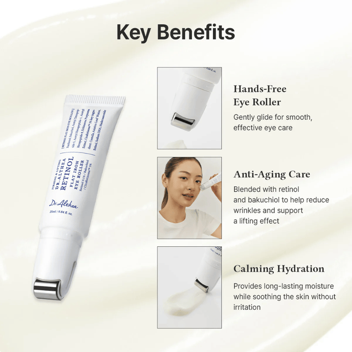 Dr. Althea Retinol Flat Iron Eye Roller med metalrulle for kølende effekt, anti-age egenskaber og langvarig fugt uden irritation.