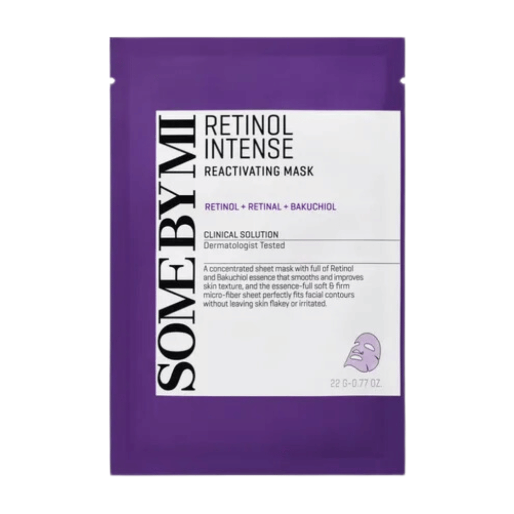 Billedet viser en pakke af "Retinol Intense Reactivating Mask", et hudplejeprodukt, der indeholder retinol, retinal og bakuchiol. Masken er dermatologisk testet.