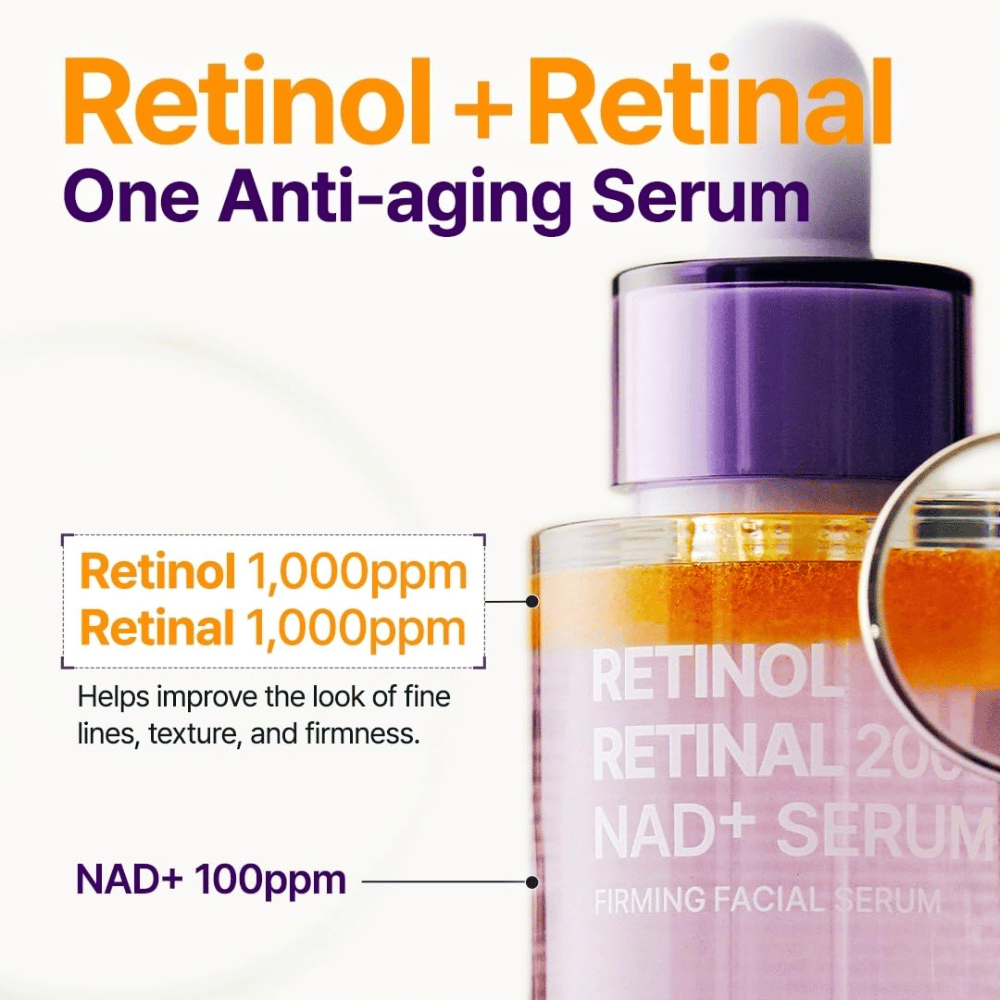 PURITO SEOUL Retinol Retinal 2000 NAD+ Serum med 1000 ppm retinol, 1000 ppm retinal og 100 ppm NAD+ til fine linjer, struktur og fasthed.