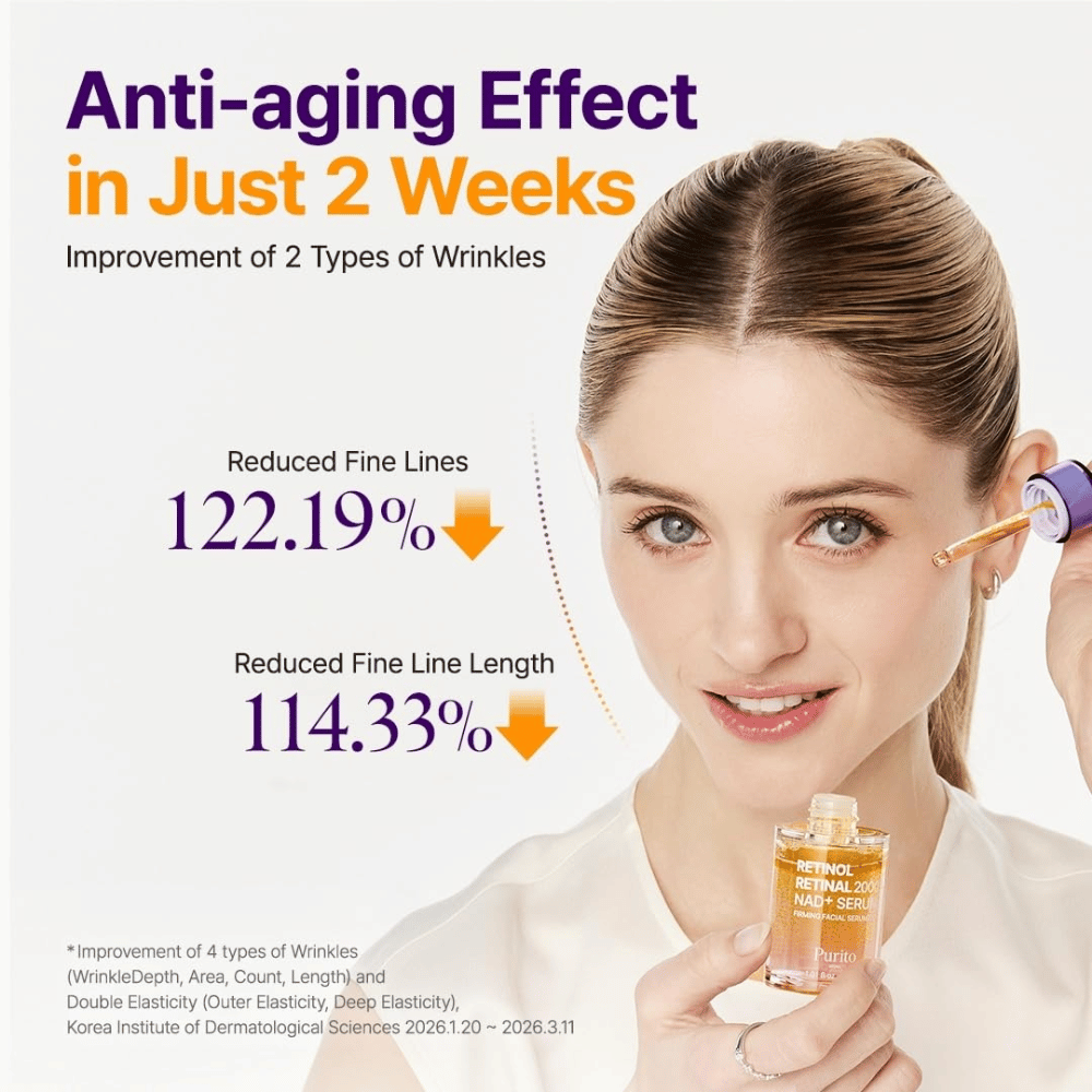 PURITO SEOUL Retinol Retinal 2000 NAD+ Serum – koreansk anti-age serum udviklet til at mindske synligheden af fine linjer og rynker.