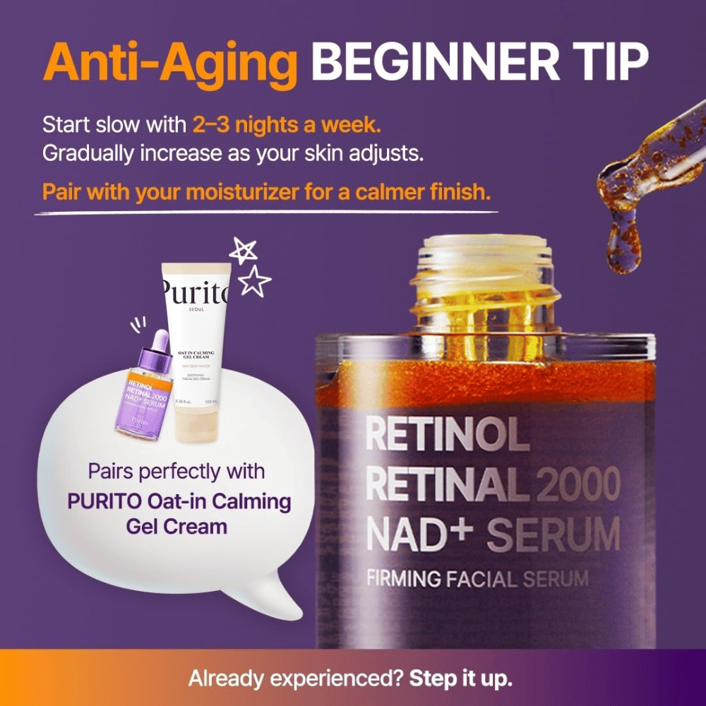 PURITO SEOUL Retinol Retinal 2000 NAD+ Serum – begynd at bruge serummet 2–3 aftener om ugen og kombiner det gerne med en fugtighedscreme.