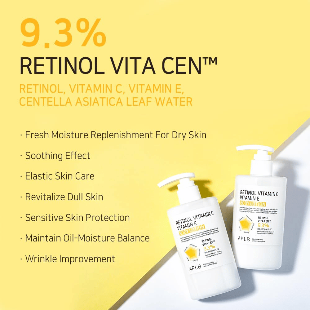 To flasker på gul baggrund sammen med tekst, der fremhæver de vigtigste fordele: fugtgivende, beroligende effekt, forbedret elasticitet, beskyttelse til sensitiv hud og anti-age-effekt.