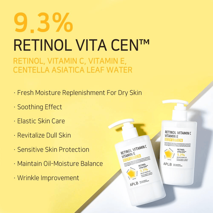To flasker på gul baggrund sammen med tekst, der fremhæver de vigtigste fordele: fugtgivende, beroligende effekt, forbedret elasticitet, beskyttelse til sensitiv hud og anti-age-effekt.