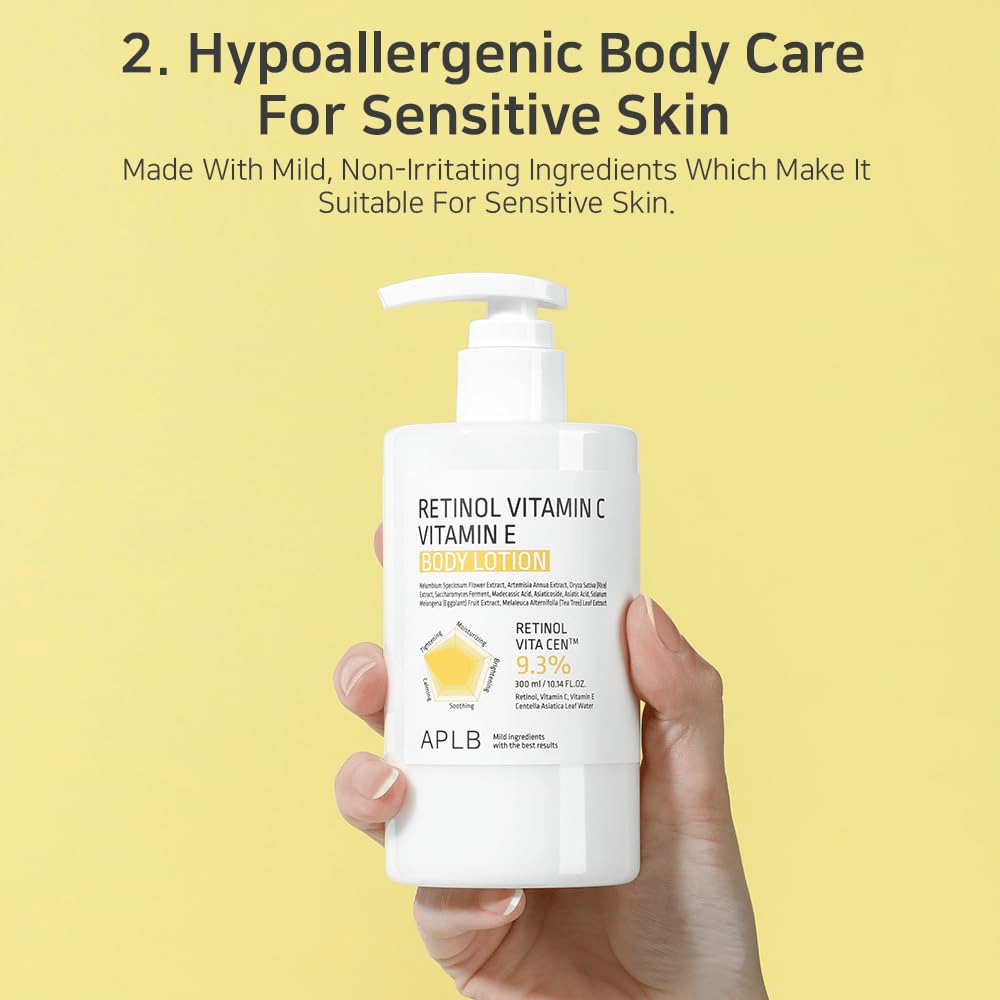 En hånd holder en hvid pumpeflaske mod en gul baggrund. Teksten fremhæver, at produktet er hypoallergent og passer til sensitiv hud, med milde og ikke-irriterende ingredienser.