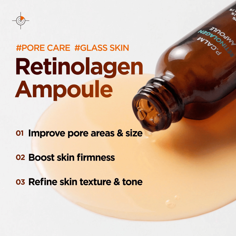 Markedsføringsbillede for P.CALM Retinolagen Ampoule med serum, der løber ud af flasken over en gylden serumtekstur. Billedet fremhæver fordele som forbedret porestørrelse, øget hudfasthed og mere ensartet hudtone.