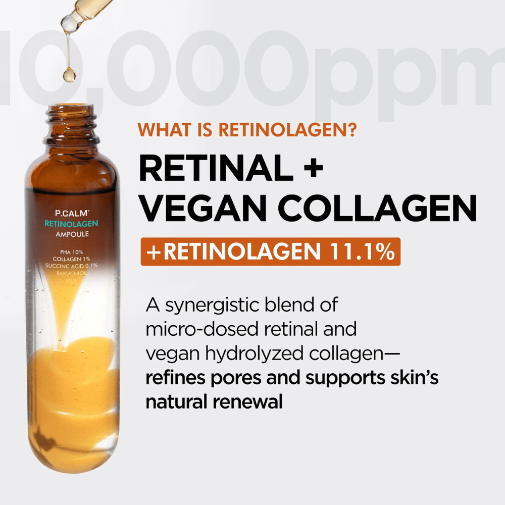 Produktbillede af P.CALM Retinolagen Ampoule sammen med information om “Retinolagen”, en kombination af retinal og vegansk kollagen. Billedet understreger hudfornyelse, forbedret hudstruktur og poreforfining.