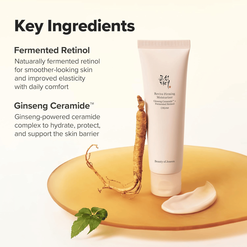 Billede – ingredienser (SEO + EEAT)
Beauty of Joseon Revive Firming Moisturizer med ginseng ceramide og fermenteret retinol, som styrker hudbarrieren og forbedrer hudens elasticitet.