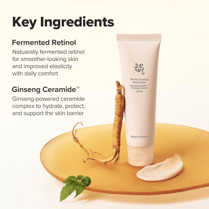 Billede – ingredienser (SEO + EEAT)
Beauty of Joseon Revive Firming Moisturizer med ginseng ceramide og fermenteret retinol, som styrker hudbarrieren og forbedrer hudens elasticitet.