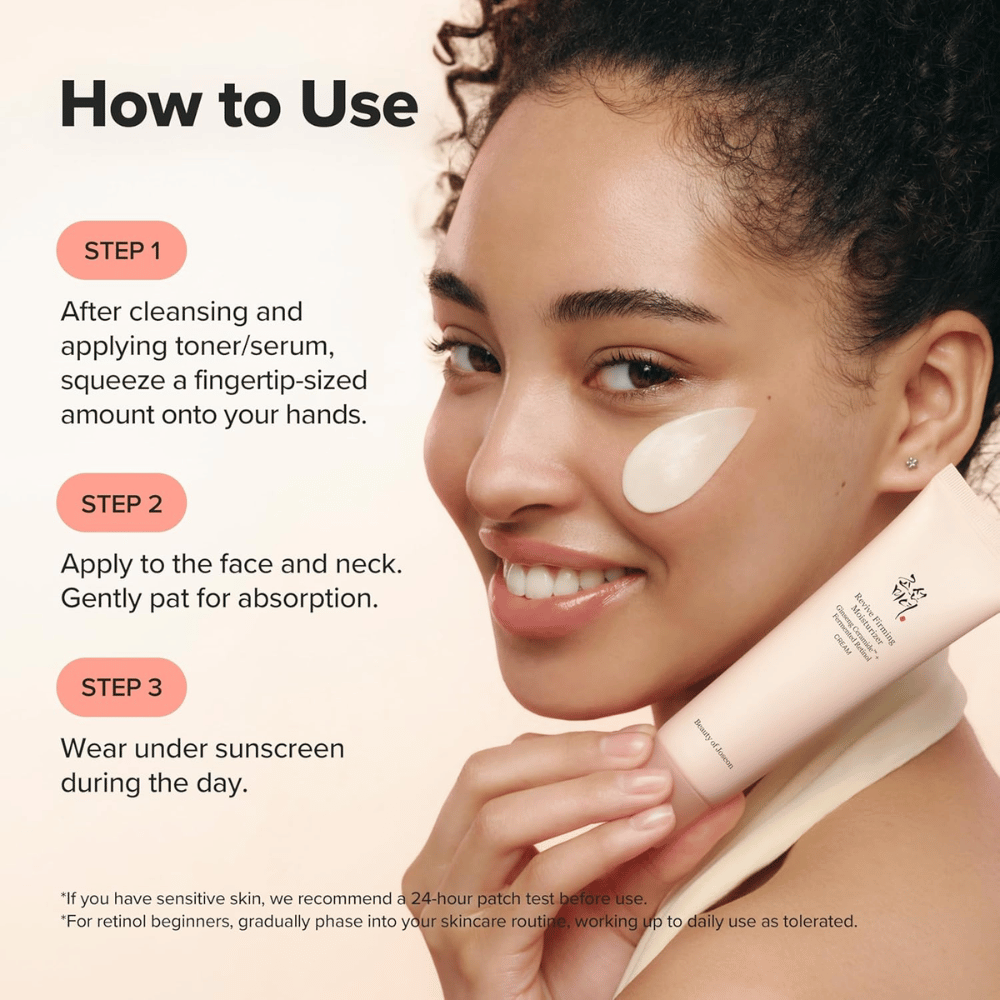 Billede – how to use / påføring
Beauty of Joseon Revive Firming Moisturizer påføres i ansigtet efter rensning, fugter huden og forbedrer elasticiteten med retinol.