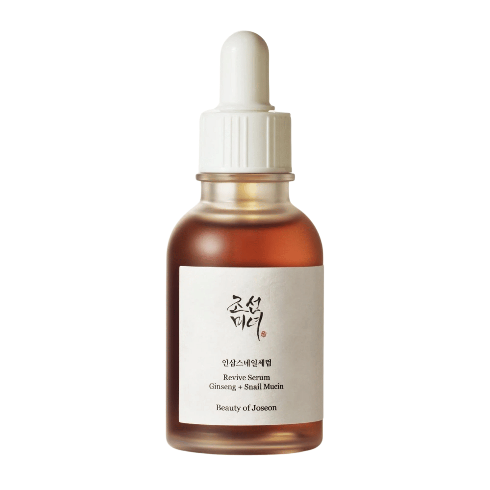 Produktbillede på Beauty of Joseon Revive Serum Ginseng + Snail Mucin i brun glasflaske – anti-age serum for fastere hud.