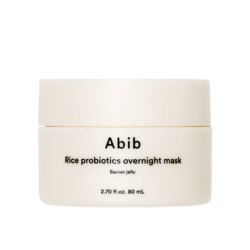 Produktbillede på Abib Rice Probiotics Overnight Mask Barrier Jelly – en hvid krukke med sort tekst, der indeholder 80 ml natmaske til at styrke hudbarrieren og fugte huden.
