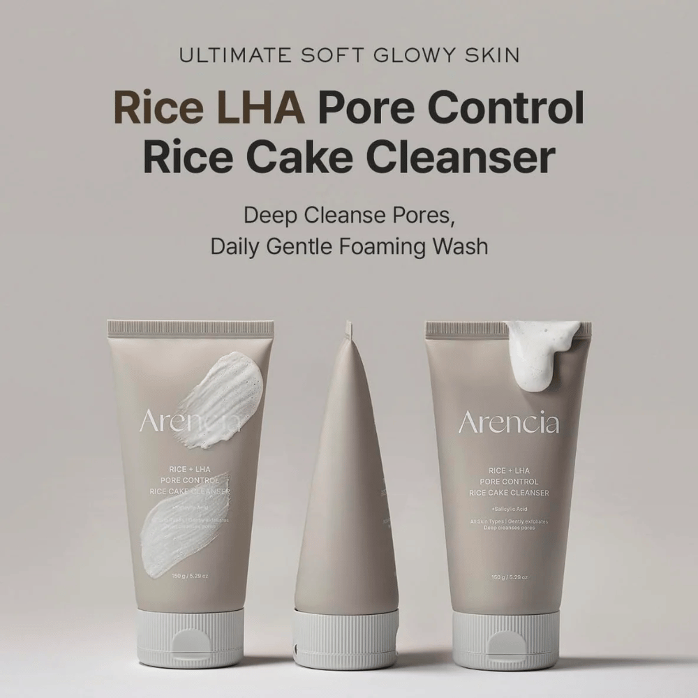 Produktpræsentation af Arencia Rice + LHA Pore Control Rice Cake Cleanser fra flere vinkler, daglig skummende ansigtsrens for klarere porer og jævnere hudstruktur.
