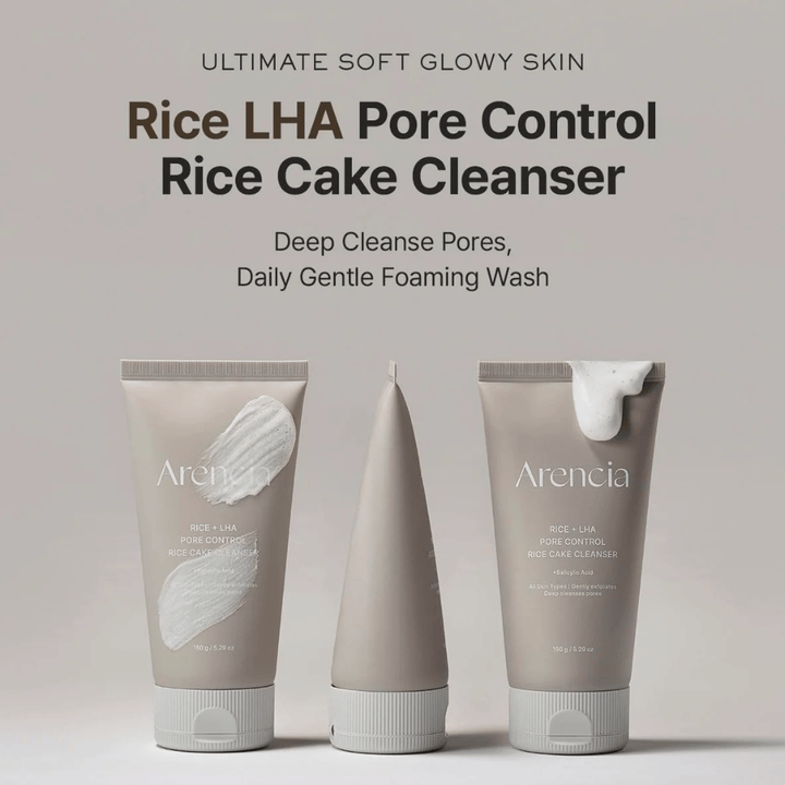 Produktpræsentation af Arencia Rice + LHA Pore Control Rice Cake Cleanser fra flere vinkler, daglig skummende ansigtsrens for klarere porer og jævnere hudstruktur.
