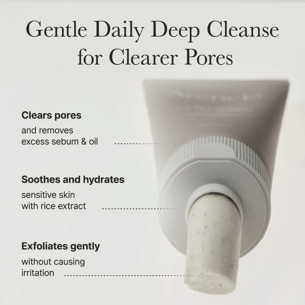 Informationsbillede der viser hvordan Arencia Rice + LHA Pore Control Rice Cake Cleanser renser porer, fugter følsom hud og eksfolierer skånsomt uden irritation.