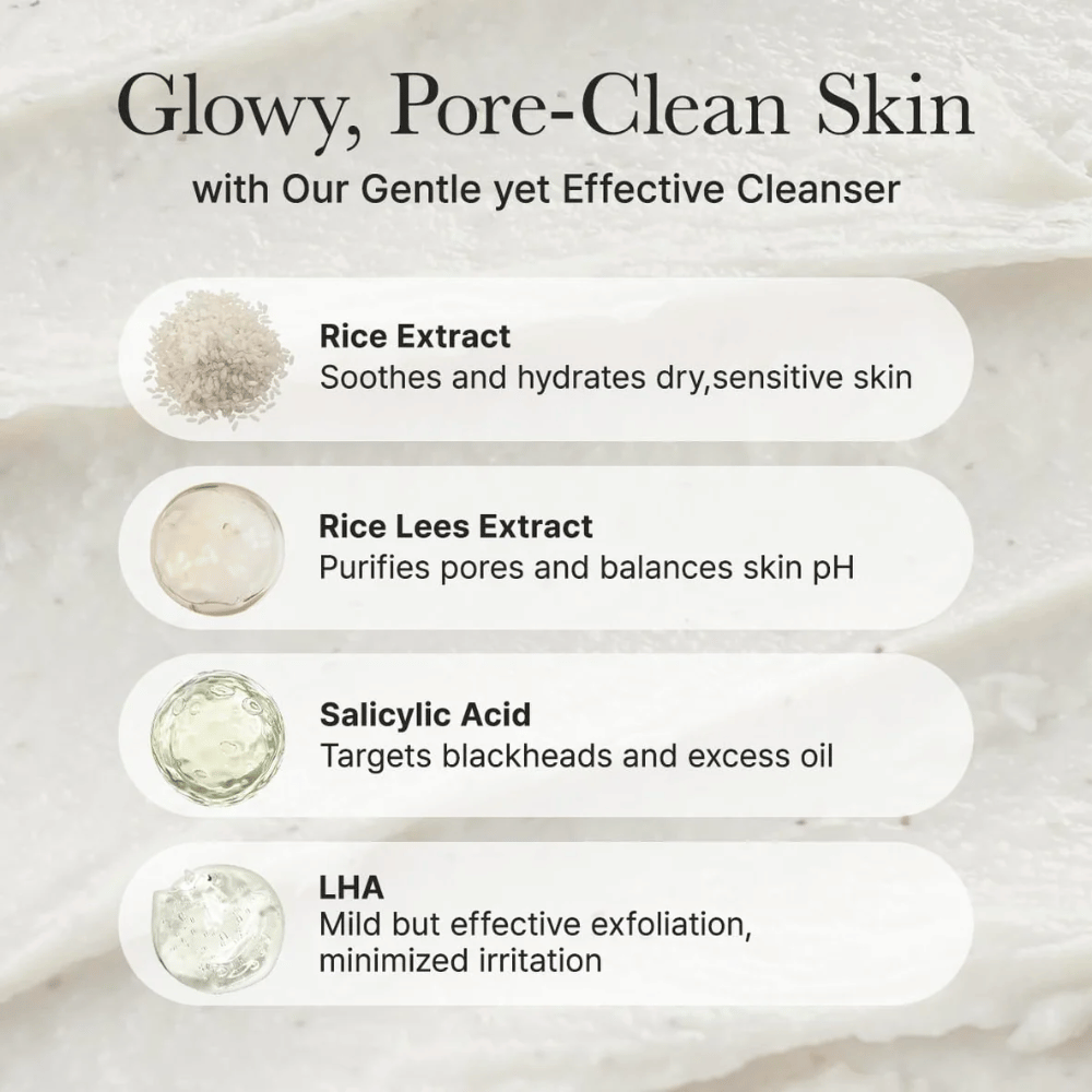 Ingrediensoversigt for Arencia Rice + LHA Pore Control Rice Cake Cleanser med risekstrakt, rice lees extract, salicylsyre og LHA for beroligende, pore-rensende og balancerende effekt.