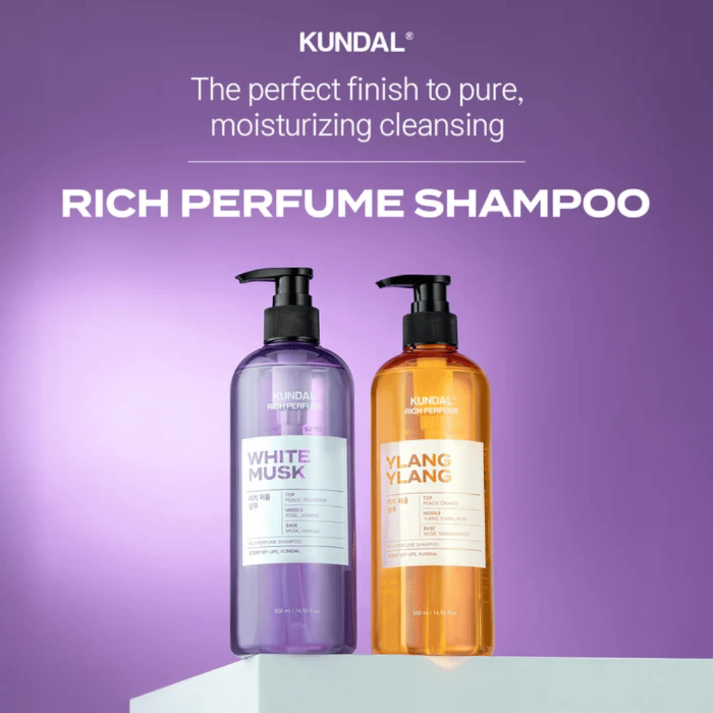 7. KUNDAL Rich Perfume Shampoo White Musk & Ylang Ylang 500 ml – rensende shampoo med fugtgivende egenskaber i to duftvarianter