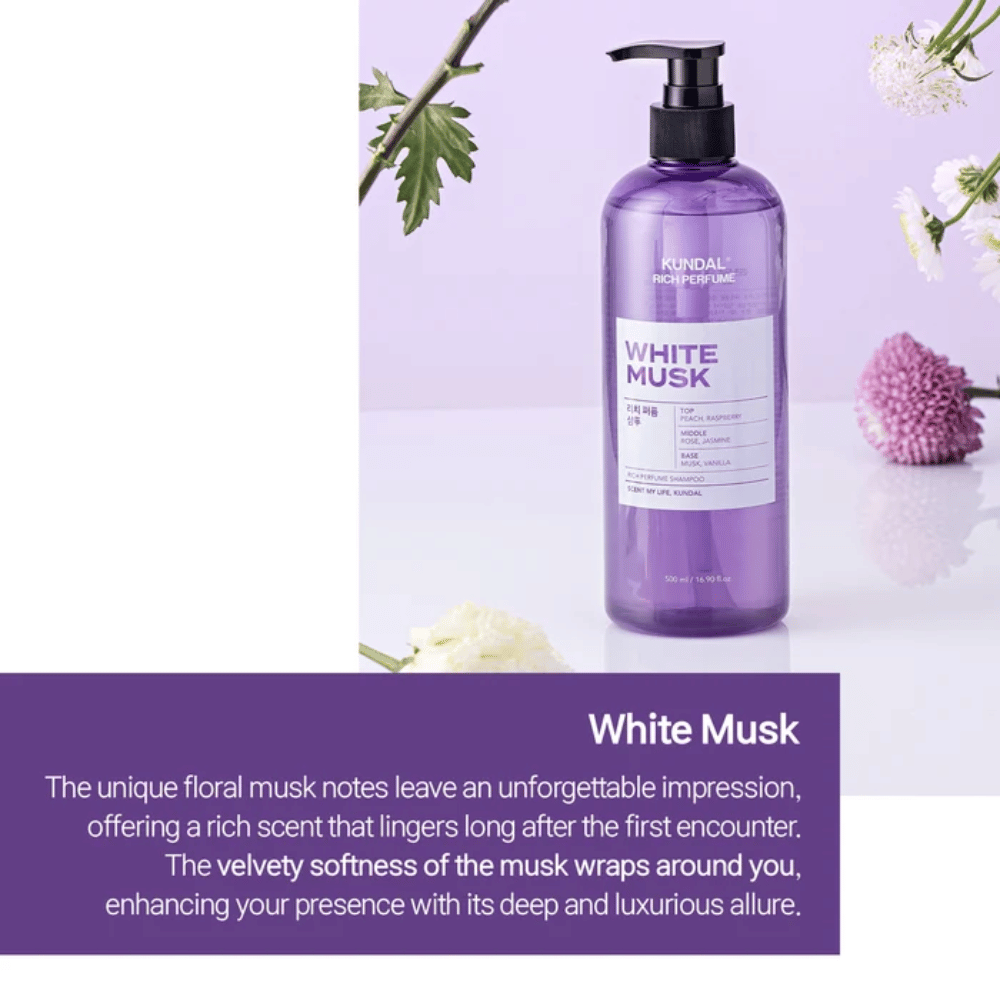4. KUNDAL Rich Perfume Shampoo White Musk – lilla shampooflaske med blomstrede noter og blød moskusduft