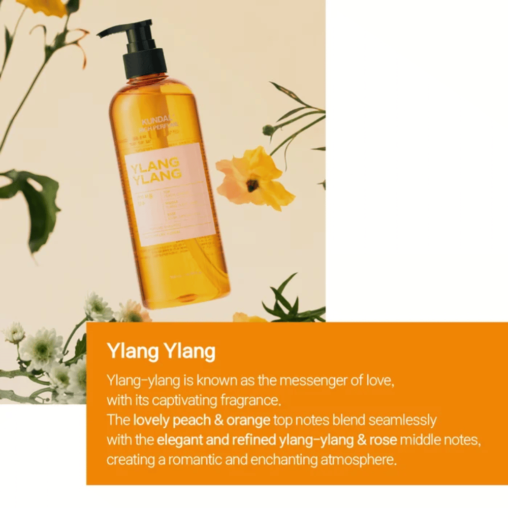 3. KUNDAL Rich Perfume Shampoo Ylang Ylang – orange shampooflaske med blomsteragtig og frugtig duft