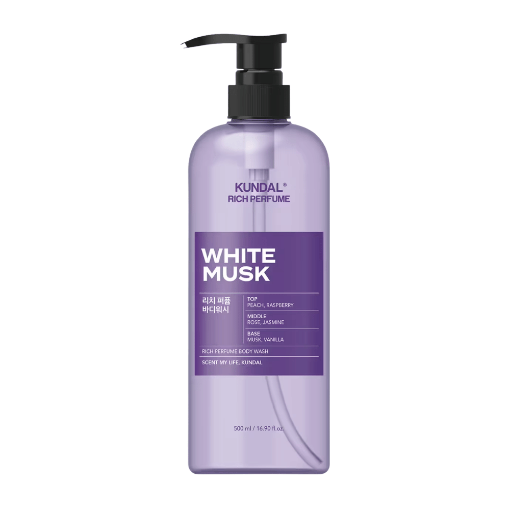 7. KUNDAL Rich Perfume Body Wash White Musk 500 ml – lilla showergel med duft af fersken, hindbær, rose, jasmin, moskus og vanilje
