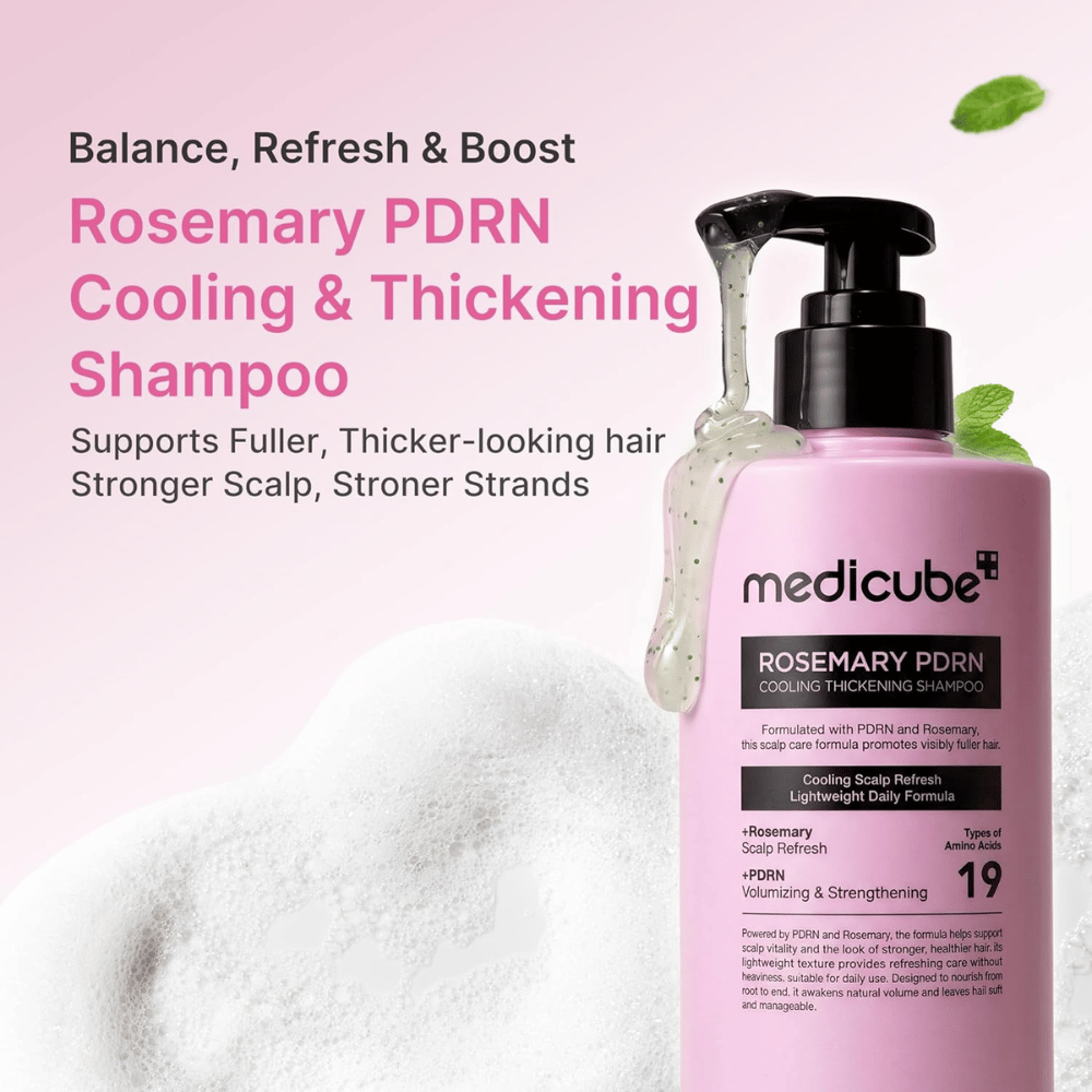 Medicube Rosemary PDRN Cooling Thickening Shampoo som køler hovedbunden og giver tykkere, stærkere hår
