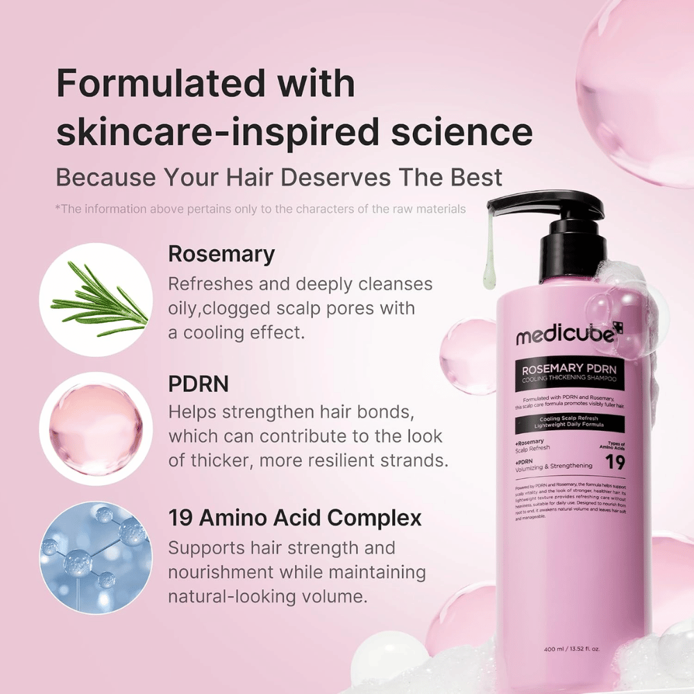 Medicube Rosemary PDRN Cooling Thickening Shampoo med rosmarin, PDRN og 19 aminosyrer til fyldigere hår
