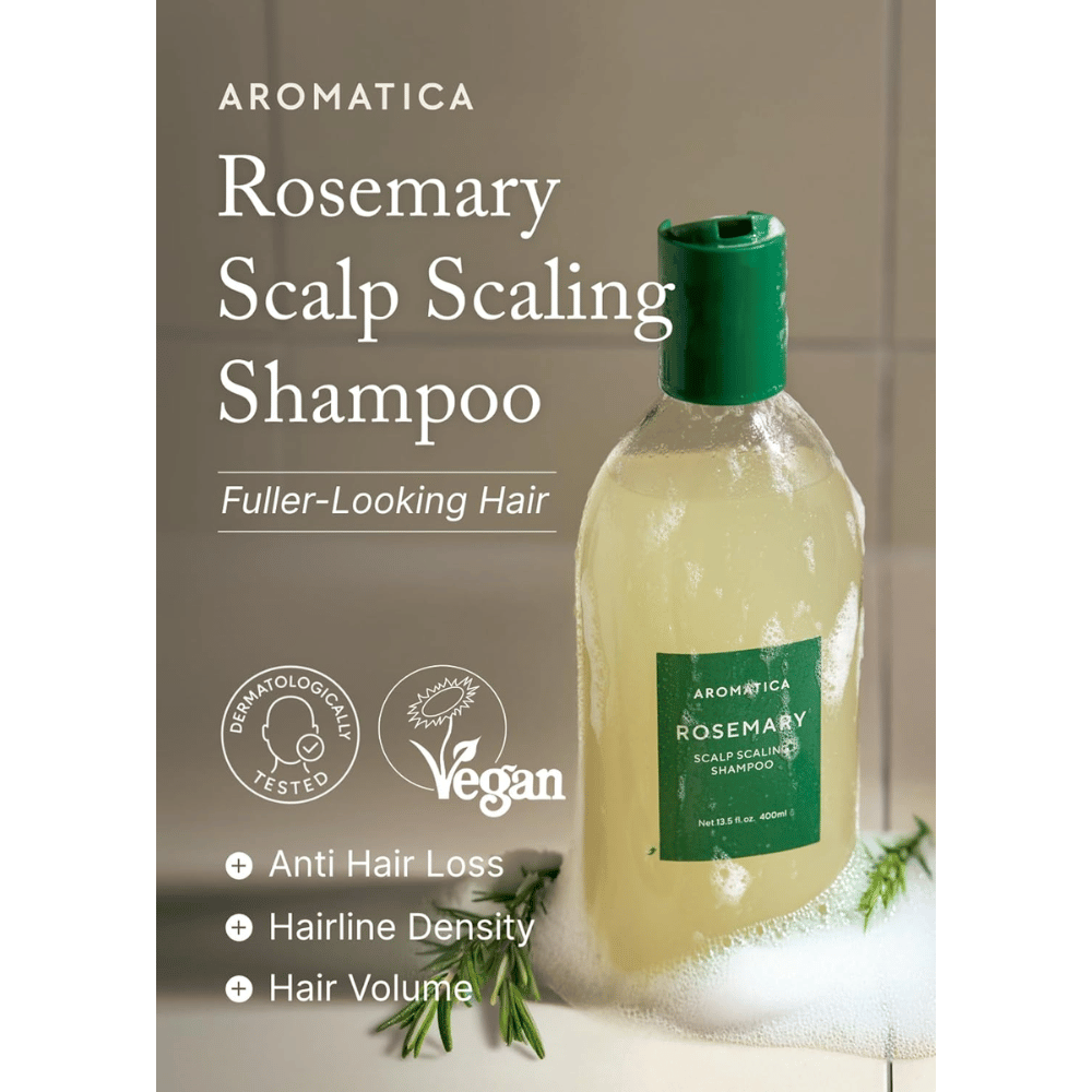 AROMATICA Rosemary Scalp Scaling Shampoo til rensning og eksfoliering af hovedbunden, som bidrager til mindre hårtab, øget hårvolumen og en sund hovedbund.