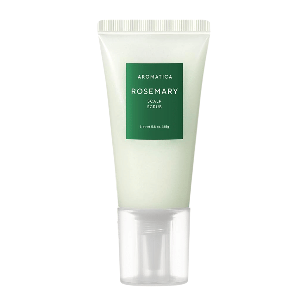 4. AROMATICA Rosemary Scalp Scrub 165 g – eksfolierende hovedbundsskrub med rosmarin i lysegrøn tube mod hvid baggrund