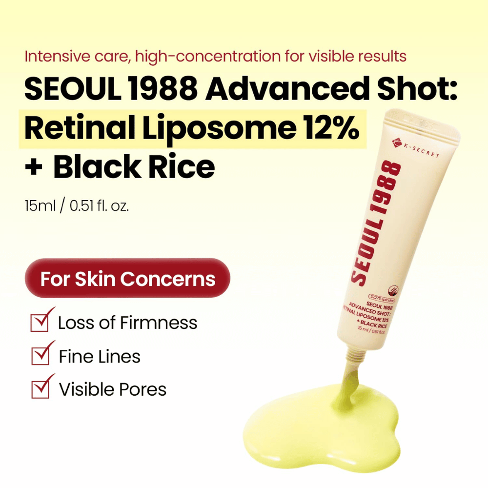 K-SECRET SEOUL 1988 Advanced Shot Retinal Liposome 12% + Black Rice 15 ml – intensiv retinalbehandling til fine linjer, synlige porer og tabt fasthed.