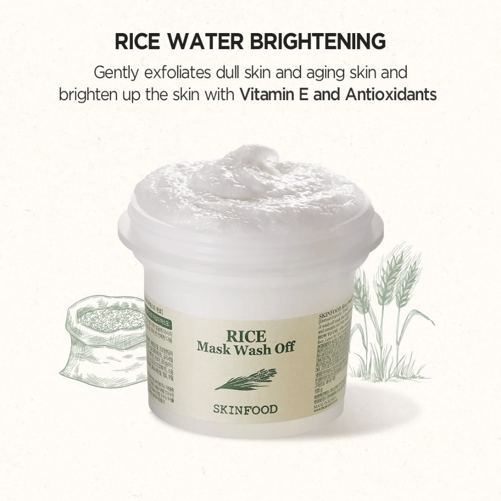 SKINFOOD's Rice Mask Wash Off 120g anbefales for at lysne op og hjælpe huden.