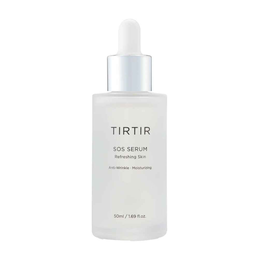 Flaske med TIRTIR SOS Serum, beregnet til forfriskende og fugtgivende hudpleje.