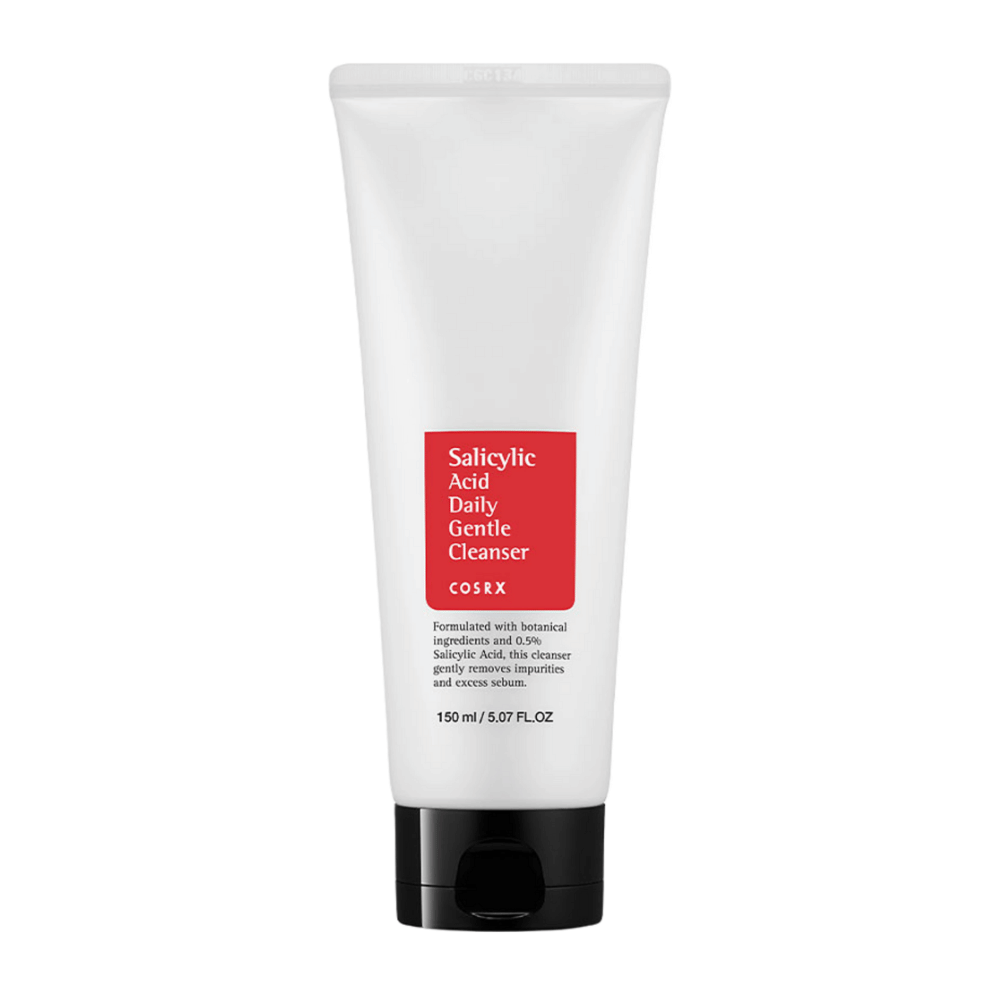 COSRX Salicylic Acid Daily Gentle Cleanser 150 ml i hvid tube med sort låg og rød etiket.