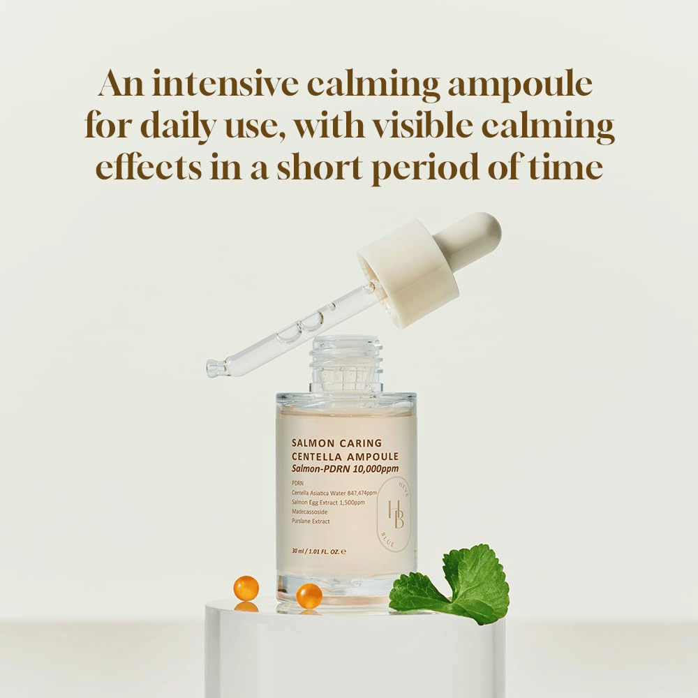 Heveblue Salmon Caring Centella Ampoule 30 ml med PDRN og centella asiatica – intensivt beroligende ampul til daglig brug og synlig hudforbedring