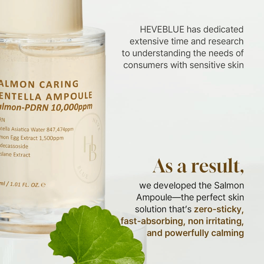 Heveblue Salmon Caring Centella Ampoule – hurtigtabsorberende PDRN-serum med centella til sensitiv hud, beroliger irritation og genopretter hudbarrieren