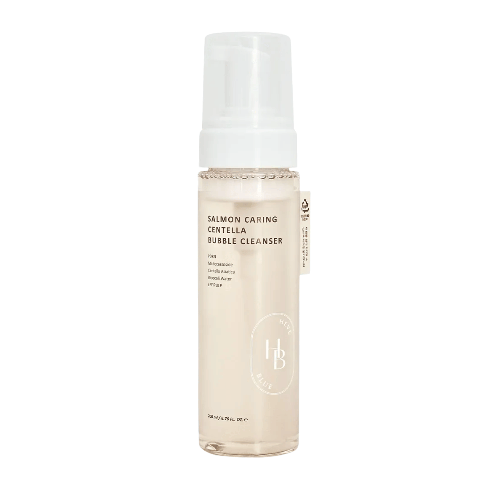 Heveblue Salmon Caring Centella Bubble Cleanser ansigtsrens – koreansk rensefoam med Centella Asiatica og PDRN som hjælper med at rense porer, berolige huden og fugte.