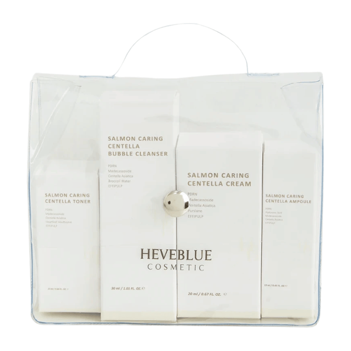 Heveblue Salmon Caring Centella Special Travel Kit hudplejesæt – koreansk hudplejerutine med toner, bubble cleanser, cream og ampoule med Centella Asiatica og PDRN.