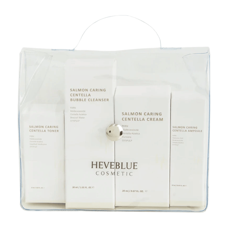 Heveblue Salmon Caring Centella Special Travel Kit hudplejesæt – koreansk hudplejerutine med toner, bubble cleanser, cream og ampoule med Centella Asiatica og PDRN.