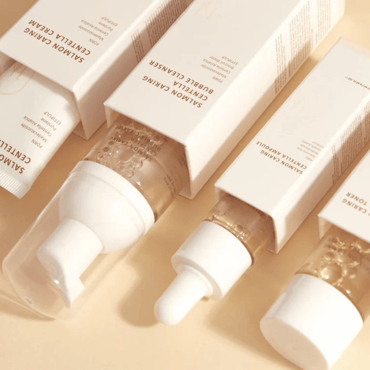 Heveblue Salmon Caring Centella Travel Kit hudplejesæt – koreanske hudplejeprodukter med Centella Asiatica og PDRN som hjælper med at fugte, berolige huden og styrke hudbarrieren.