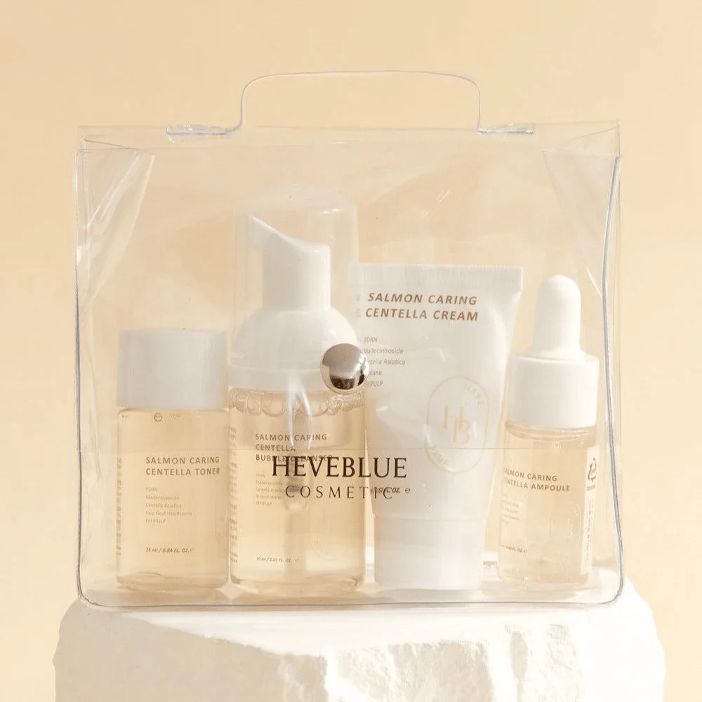 Heveblue Salmon Caring Centella Special Travel Kit – koreansk hudplejesæt med toner, bubble cleanser, cream og ampoule med Centella Asiatica og PDRN fra laks i praktisk rejsepakning.